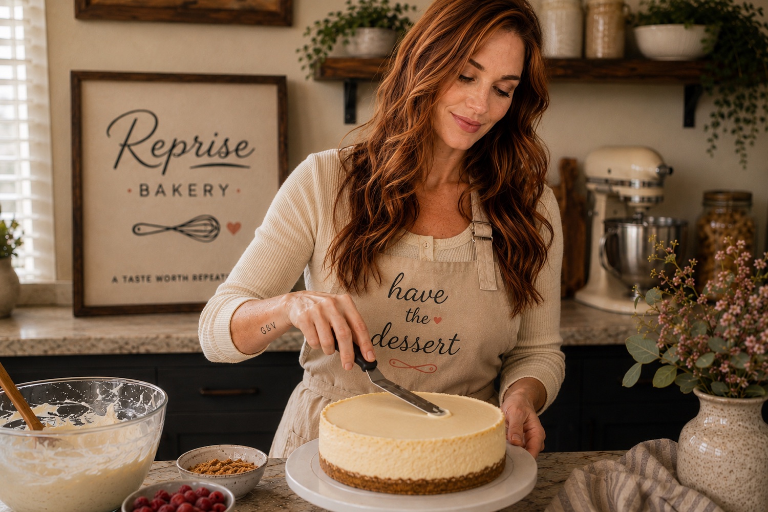 Smoothing the top of a cheesecake in a Reprise Bakery apron
